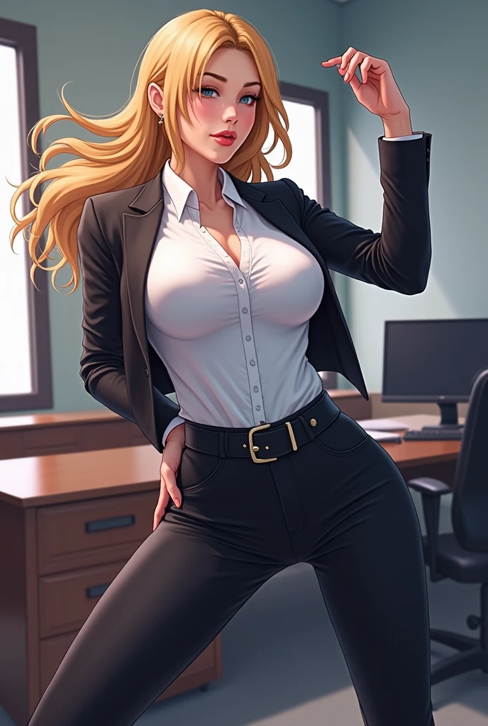 Ah Style, shingeki no kyojin,, , Krista Lentz,, One girl, belt, belt buckle, Blonde, blue eyes, Brown footwear, brown pants, buckle, chest belt, collared shirt, diamond (shape), Floating Hair, From the side, whole body, Gray background, Hair between the eyes, Place your hands on your thighs, Long Hair, Long sleeve, Future outlook, with own hands, pants, Lips parted, shirt, shoes, Sitting, alone, Shine, star (symbol), Thigh straps, white shirt, , , ((masterpiece)), Highest quality, , 、Sexy proportions、Narrow waist