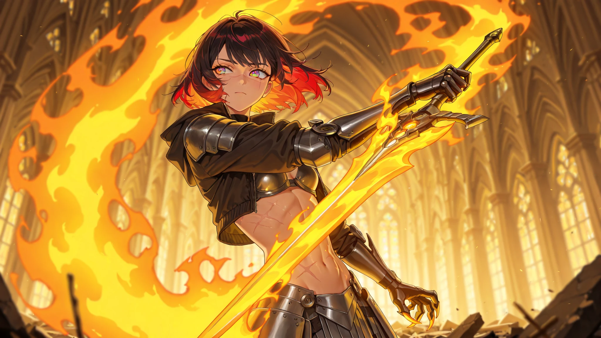 (dynamic pose, upper body focus, from the side, side shot, three quarter view, (close up:1.2), medium shot:1.2), style of [Punishing Gray Raven|Inoitoh|(748cmstyle:0.48)], god rays, vivid colours, light stream, colour splotches, cinematic shot, mature, young adult, masterpiece, best quality, amazing quality, very aesthetic, high resolution, ultra-detailed, absurdres, (hands:-0.15),
(1girl, young adult, female:0.95), solo, jeanbartdef, black hair, broken cathedral, besieged cathedral, destroyed cathedral, destruction, rubble, ruins, (rainbow eyes:1.33), short hair, red hair, colored inner hair, stockings, push up bra, (armoured skirt, scar on her stomach, long flame claws:1.33), metal sharp claws, loose jackets (elbow mounted cybernetic sword:1.22), mantis blades, weaponized limb, weaponized arm, expressionless, disgusted expression, constricted pupils, webtoon, manwha,
BREAK, depth of field, volumetric lighting, Celtic architecture
 