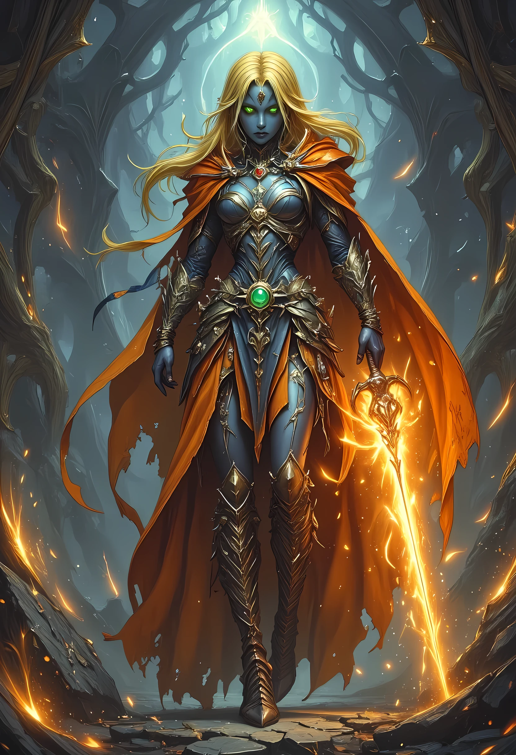 full body picture of olo female ((blue skin: 1.5)), intense details facial details, exquisite beauty, cleric, (dark blue skin: 1.5)) female, ((yellow hair: 1.5)), long hair, (((no ears: 1.5))), (green eyes: 1.3), armed with a fiery sword red fire, wearing (twilight priestly combat vestments: 1.5), wearing high heeled laced boots, wearing an (orange cloak:1.3), wearing glowing holy symbol, fantasy art, dnd art, RPG art, wide shot, (masterpiece: 1.4) intense details, highly detailed, photorealistic, best quality, highres, within fantasy temple background, reflection light, high details, best quality, 16k, [ultra detailed], masterpiece, best quality, (extremely detailed), close up, ultra wide shot, photorealistic, RAW, fantasy art, dnd art, fantasy art, realistic art,((best quality)), ((masterpiece)), (detailed), perfect face, zavy-ctcmcs, ArsMJStyle, dnddarkestfantasy