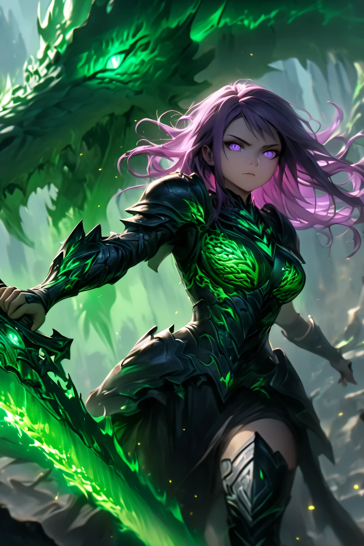 The dynamic scene captures, black armor,warrior,
the instant energy green sparks as a woman with purple hair and crystal purple eyes,
launches a thrusting attack with a great sword that is covered in clearly green flames,
The clearly green flames surrounding her great sword give it an eerie glow,
dark fantasy,(((glowing dragon))),