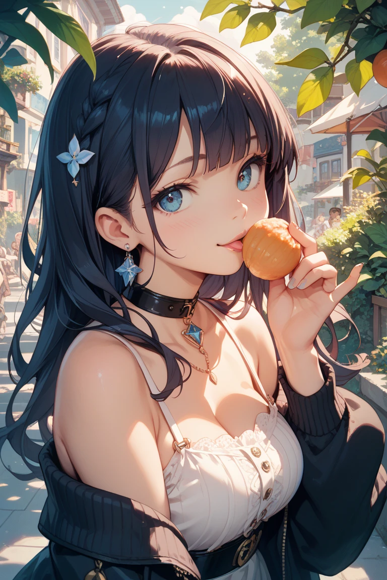 (Biologically correct limb count)、Full body, including face、4K、masterpiece、Focus on the face、Well-proportioned facial features、Delicate descriptive eyes、One beautiful woman、Excellent style、(Blue Gothic Lolita)、(Grin)、look up、Photos with white borders、Looking into the camera、Park lawn、、Eating watermelon ice cream between your breasts