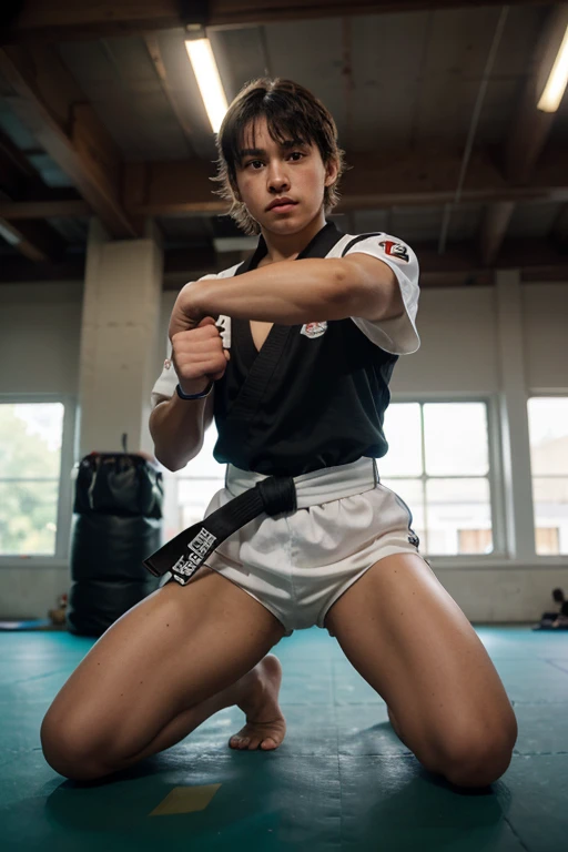 (Melhor qualidade,4K,8k,high resolution,obra de arte:1.2), ultra-detalhado, (realista,photorealista,photo-realista:1.37), uma orgulhosa mulher Alafad, Vestindo uma blusa preta e shorts, chutando a perna, postura de lutador, In combat position, movimentos de artes marciais poderosos e confiantes, Chute alto, taekwondo, in fighting position, pose de artes marciais confiante e determinada, Muay Thai courageous stance, em poses de lutador, postura de combate, faz uma pose de pronto para a batalha, Postura intensa, strong and dominant position, postura ousada e contundente