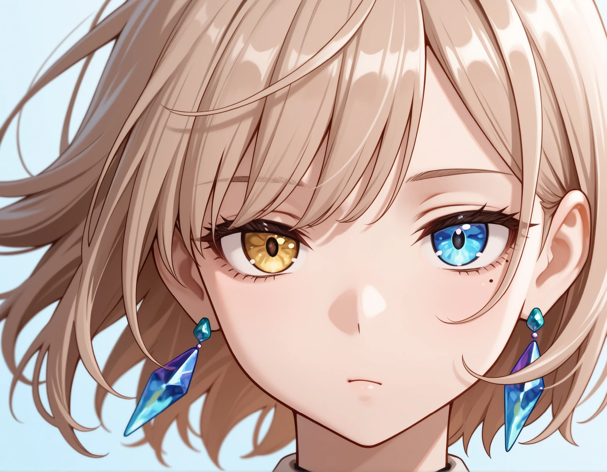 face focus, light brown hair, short hair, floating hair, mismatched pupils, mole under eye, crystal earrings, bored