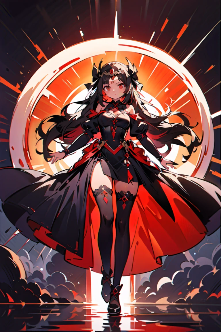 cure devil(magical girl, cool, big breast, feather motif hair accessory, straight long black hair, red eyes, black long dress, black short boots, black opera gloves, light smile)