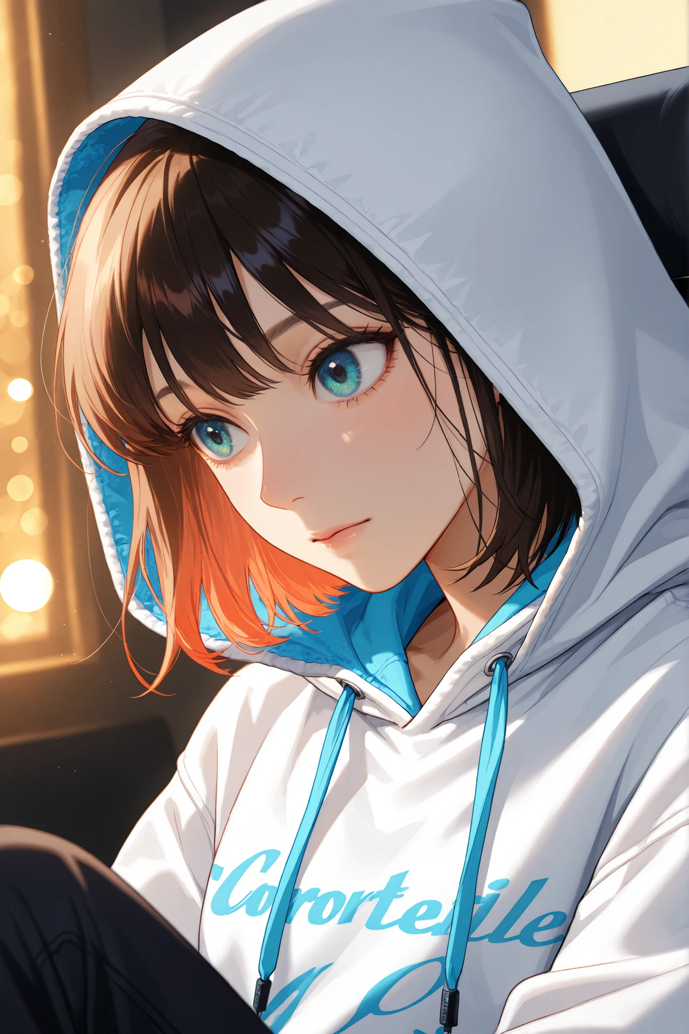 Wearing a comfortable white hoodie, Sitting in a comfortable position with hair hidden inside the hood, 부드러운 조명이 있는 Comfortable indoor space, Warm and comfortable atmosphere, close up 뷰, Neutral tones Soft lighting,Comfortable indoor space,Comfortable posture, close up,neutral tone ,high quality,Masterpiece,extremely detailed,Realistic,like a picture,professional,clear focus,Vivid Colors,Bokeh