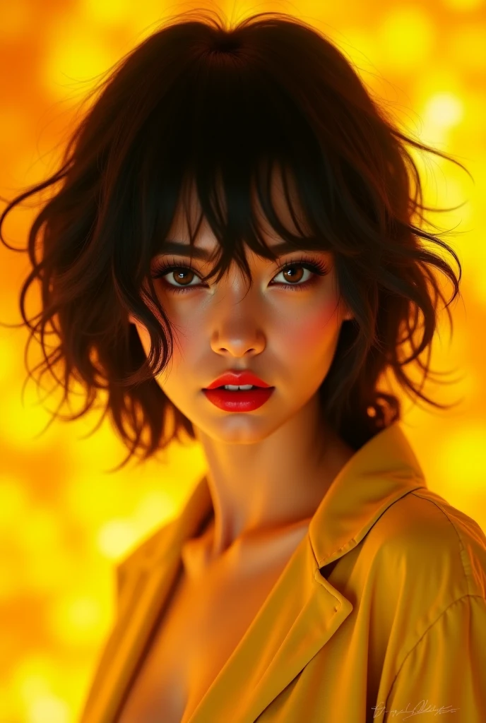 1 woman, she is Japanese with dark skin, in a city at night, wearing a moss green blouse, feminine yellow eyes, dark black skin, detailed dark skin, REDDISH HAIR, REDDISH HAIR, eyes without eyelids, long disheveled red hair, dramatic lighting, cinematic composition, dark palette, dark colors, atmospheric mist, thin chin, smooth face, serious face, beautiful woman, adult woman, ultra-realistic, adult woman, (best quality, 4K, 8K, high resolution, art: 1.2), ultra-detailed (realistic, photorealistic, photorealistic: 1.37