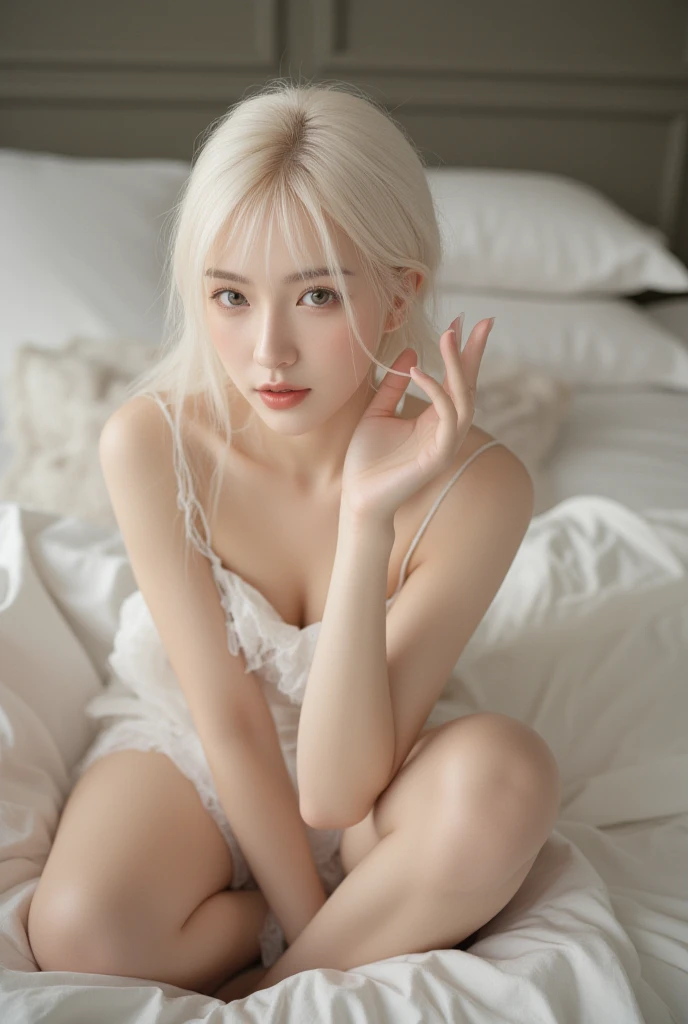 (NSFW,1 Japanese ultra young cute girl lying the bed:2.0), (Spreaded her ultra slim legs ultra wide,detailed beautiful vagina:2.0),26 years old, incredibly ultra cute detailed face, happy smile, detailed charming eyes,(She has only 2 legs:1.75),(laced negligee, ultra slender, incredibly white and beautiful skin, short silver hair:1.75),best quality,4k,8k,highres,masterpiece,ultra-detailed,vest detailed