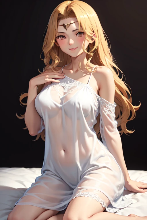 masutepiece, Best Quality,NSFW, 1womanl,Frontal shot of a woman,lying on the bed,Open your legs,crotch open, ((No Underwear)),Show off your ,Hands behind your back,Looking at Viewer, Cute, medium breasts, Yellow eyes,  Behind Wallenstein,  Yellow hair, Long hair, Beautiful detailed eyes, embarrassed,red blush, full of sweat,(Close up on the:1.3), Bandeau Dress,Late night bedroom background, ((mistress, Authority)),White cheongsam