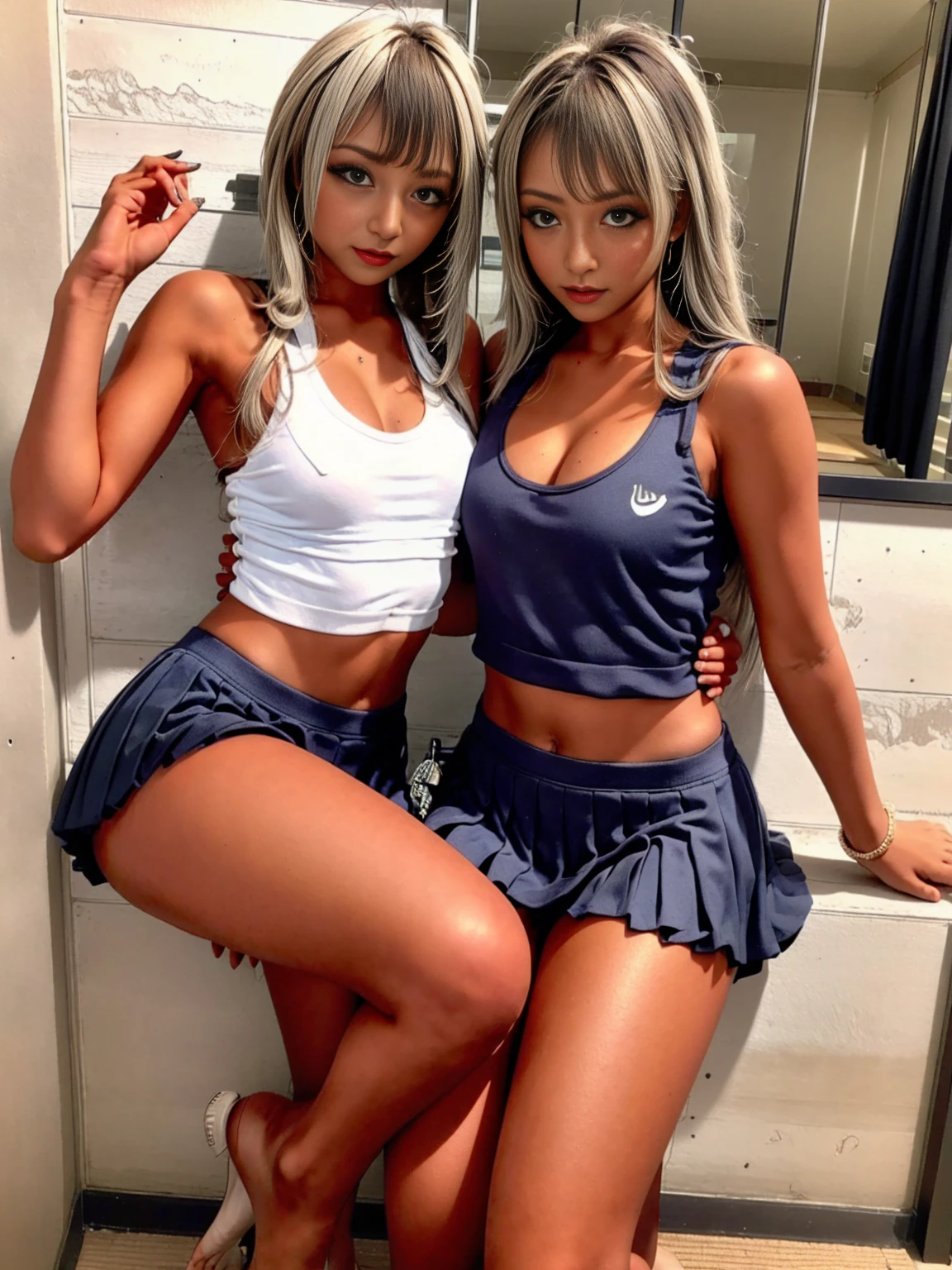 2 girls, several girls,(high level image quality),(high quality),(High resolution),(Details),(masterpiece),(artwork:1.2), (realist),looking at the viewer, detailed eyes, Perfect eyes, detailed face,(baseball cap),dynamic pose,(completely white background),((leg warmers)),(crop top),(under the chest),(Line art),(from above:1.2), (sneakers),