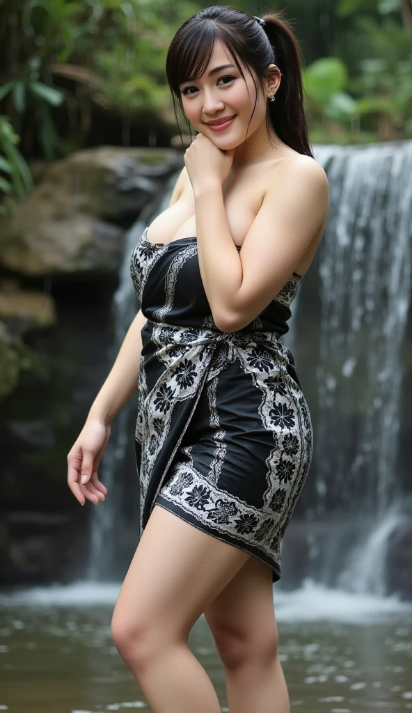 A Beautiful Girl, long-haired, Wear a Thai sarong, bathe, enormous breasts, Beautiful breast, slim, slim, flat stomach, stream, natural