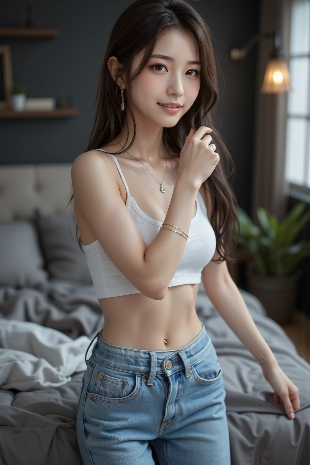 Under the blue sky and white clouds, The beautiful girl sits directly on the grass to take private photos，（8K，best qualtiy，tmasterpiece：1.2），（realisticlying，photo-realistic：1.37），Girl wears white jeans， Petite and skinny, Slim waist and hips,Slim, Her navel was exposed, Thin waist, white jean, Black loose T-shirt，taking a full body photo，Beauty is petite and delicate：1.2，Skinny buttocks:1.2, ((Fluffy and flowing high ponytail student hair，Bind with a white silk scarf:1.2, Beautiful breasts and bulges:1.2)), Crop top:1.1, White high-end brand jeans（Super realistic detailed jeans，Realistic detailed jeans texture and graininess:0.45），（Necklace with colored gold，Dangle earrings），Highly detailed facial and skin texture, A detailed eye, 二重まぶた，Swollen eyes，Little goose egg face:1.0，Whitens glowing skin，Fluffy and flowing long hair and bangs,(Baring teeth，Baring tongue:0.8)，ssmile:1.0，An alluring smile with dimples：1