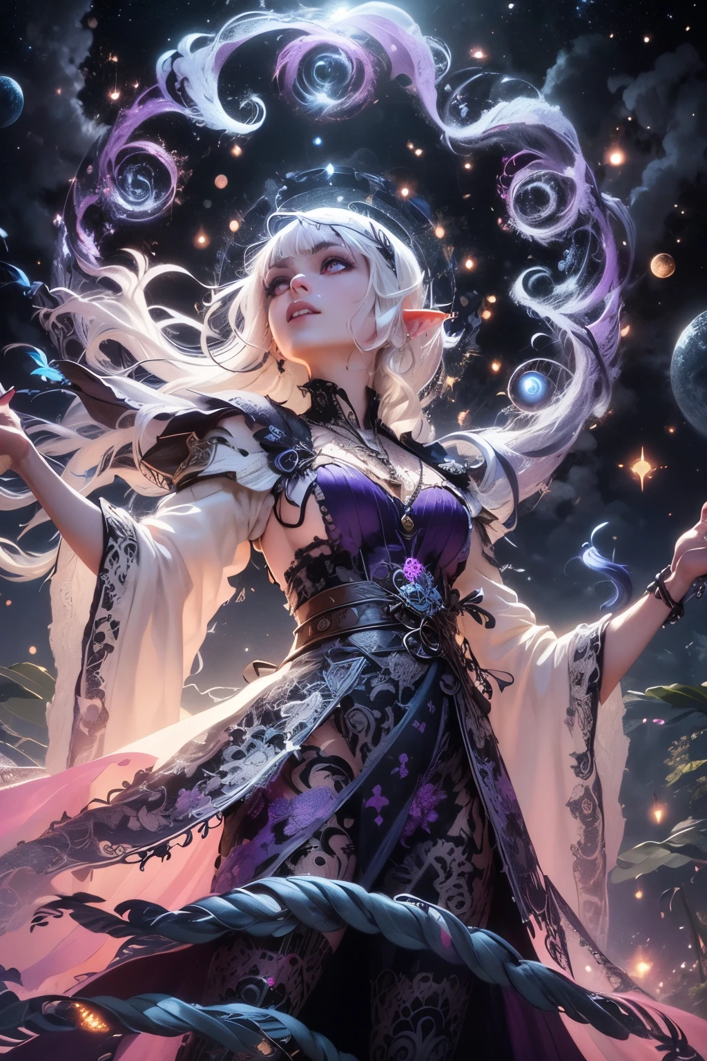 (Ultra-detailed face, Looking Away, Gothic Illustration, Dark Tone Colors.) , BREAK
(View of a woman looking up from an angle. A female dark elf wizard stands with her body twisted on a very tall spire with the wind blowing against a background of many twinkling stars in the night sky, pointing her large hands to the sky. She is cloaked in a large light like several large swirling galaxies that magically cover the area around her body.) , BREAK
(The dark elf female archaeologist has white hair and white eyebrows, crisp bangs, shoulder-length wavy hair, small pink lips, lavender eyes, dark purple skin, and eyeliner.), (She wears a shiny black bib necklace with a net covering her neck. She wears an embroidered purple cape and a classic medieval European-style empire dress with raw embroidery. She wears sandals with braided white laces.)