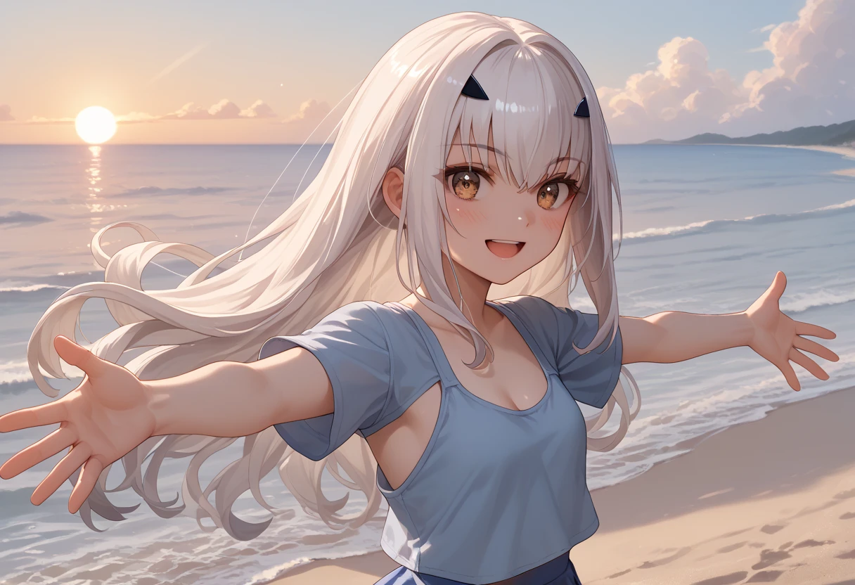 (Masterpiece, Top quality: 1.5), from side:1.3, upper body, 1 beautiful girl, silver hair, (Tank top、 Shorts :1.3), Summer clothes, hairpin, medium hair, Braided hair, wave hair, Hair swaying in the wind, Keep your head small, (15 year old:1.2), big breasts, standard weight, one knapsack, (smile:1.5), blush :1.2,closed eyes, open mouth, beautiful scene , Mediterranean cityscape, magnificent panorama view, dynamic pose