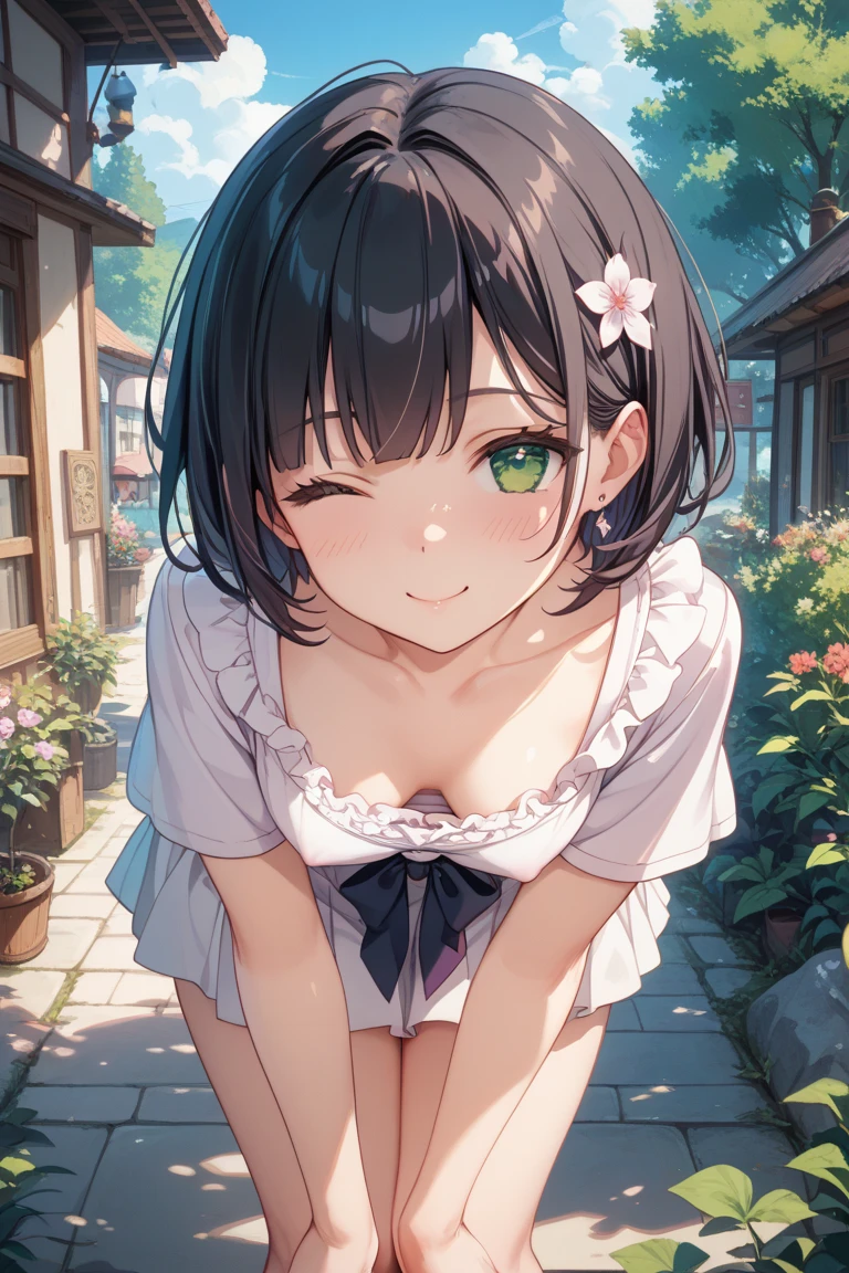 muste piece、masterpiece、highest quality、Super detailed、High resolution、8K portrait、High definition CG of Unity 8k wallpaper、cute type little:1.5、Lori:1.5、Highly detailed CG unity 8k wallpaper、Realistic、real person、 portrait photography、shiny skin、High definition、(16 years old:1.2)、(1 girl)、beautiful clear eyes、extremely detailed description、delicate face、nice lips、slender body、small breasts、thin waist、thin legs、(garden:1.6)、1 girl, cute type, perfect face, seriously, (blush:1.5),(brown hair bob hair:1.3),(small breasts:1.3),((Maid clothes:1.3)),(black dress),((half nude:1.3)),(I have nipples:1.2),(looking at view),(from front),gran,((climax in vagina:1.5)),(arms on head:1.2)