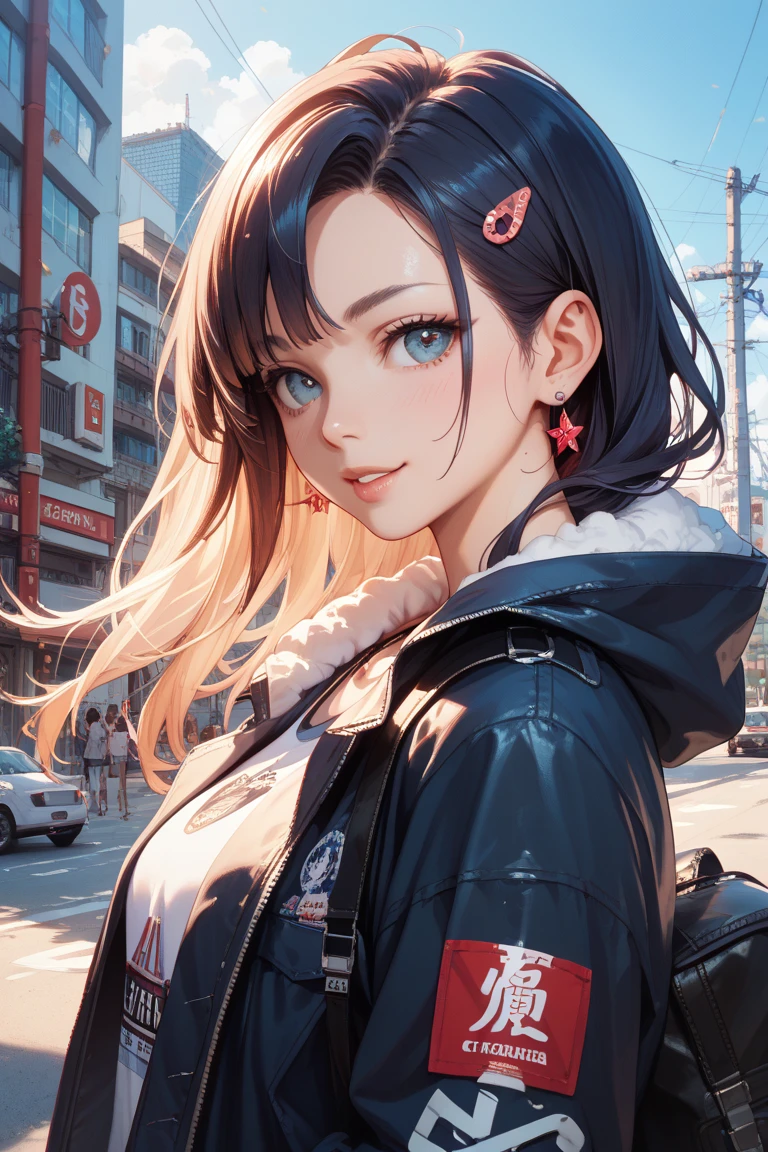 beautiful a girl　Huge　校服　a smile　smil　Long　超A high resolution　top-quality　a beauty girl　parka　blue eyess