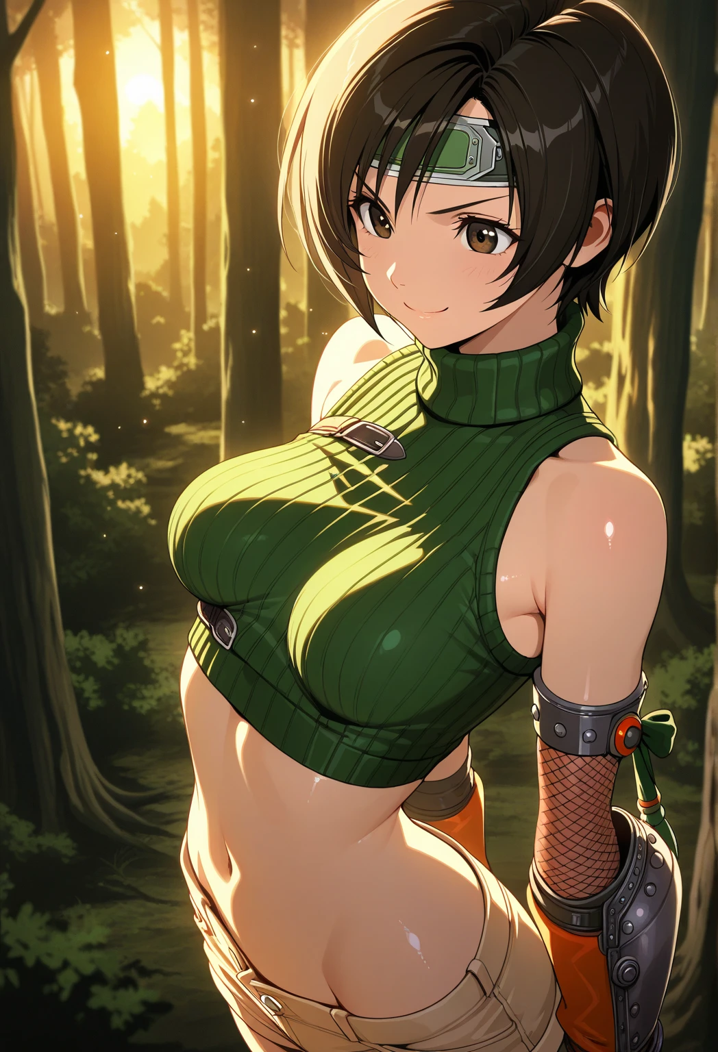 score_9, score_8_up, score_7_up,,BREAK source_anime, standing, legs apart, bent over, upside-down,straight-on,(breast focus:1.5),upperbody,1girl, yuffie kisaragi, final fantasy, short hair,headband,navel,sleeveless,turtleneck,brown eyes,sleeveless turtleneck,solo,breasts,,smile,gloves,crop top,brown hair,shorts,midriff,,sweater,open fly,fingerless gloves,ribbed sweater,medium breasts,(under_boob),yufi_kisaragi,smirk, (best quality),(aesthetic,very aesthetic),(masterpiece, highres), (anime screenshot:0.8),