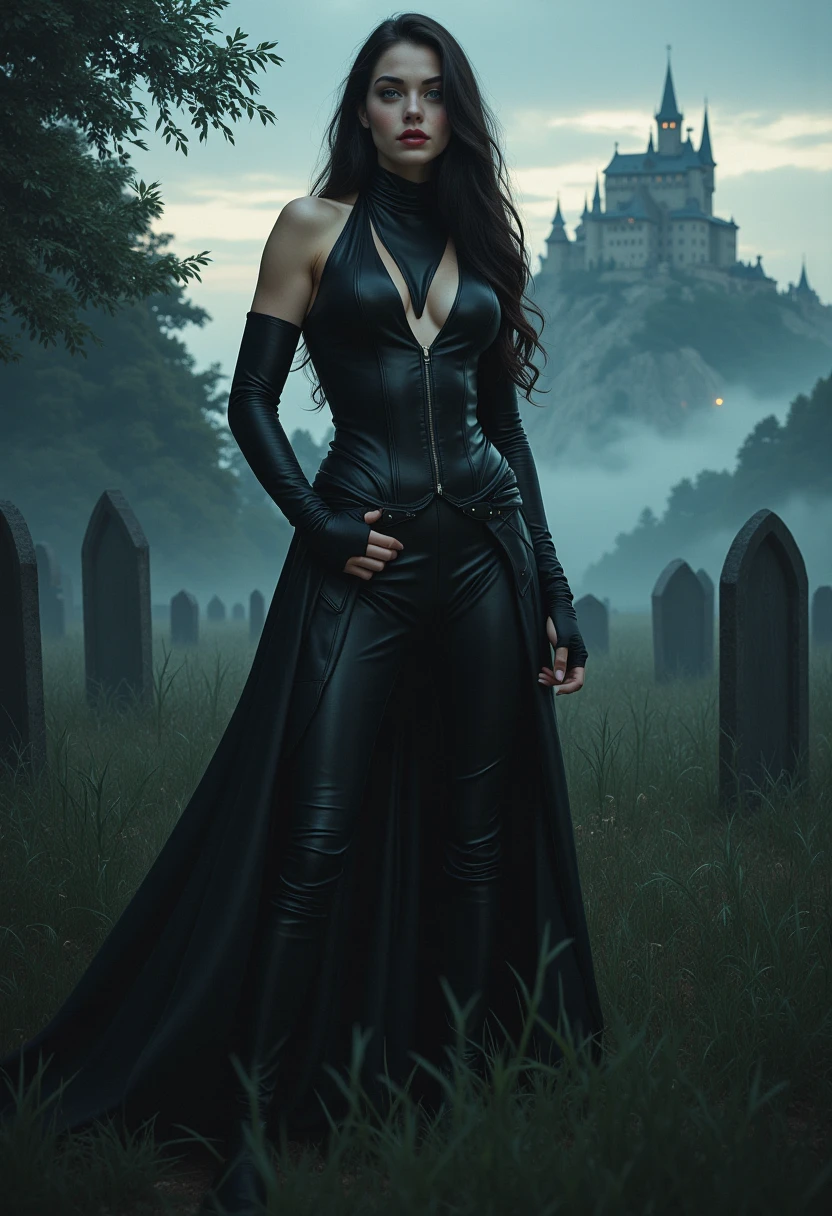 an undead woman emerges from a Gothic-style tomb, in the background a sinister cemetery landscape