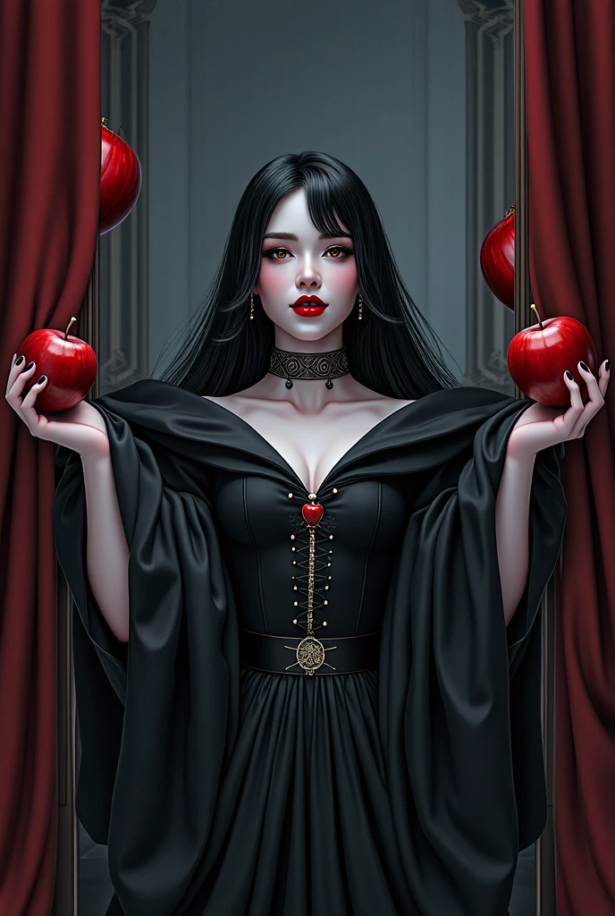 a woman with extremely long black hair that goes to the floor with medium breasts with red eyes looking at an apple while having two short horns folded and the black dress