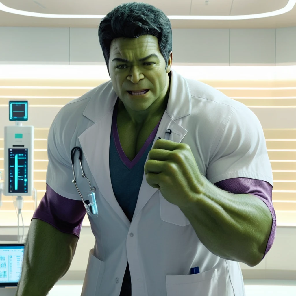 Imagine Hulk as a Doctor in Side Hospital, Wide Angle View, full shirt doctor clothes