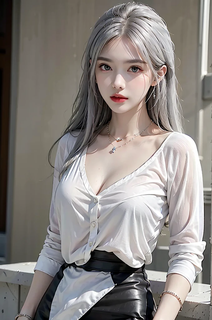photorealistic, high resolution, 1 girl, hips up, beautiful eyes, white hair, medium breast, white button shirt, collared shirt, black pencil skirt, streetwear, bracelets,elegant necklace, elegant diamond earrings