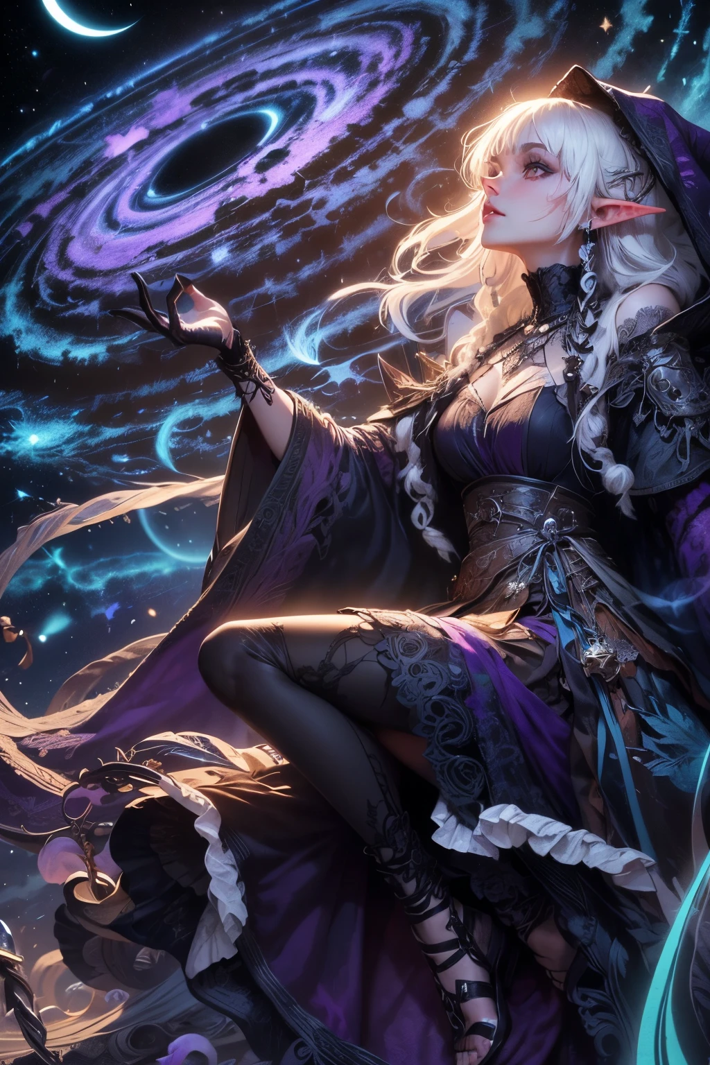 (Ultra-detailed face, Looking Away, Gothic Illustration, Dark Tone Colors.) , BREAK
(View of a woman looking up from an angle. A female dark elf wizard stands with her body twisted on a very tall spire with the wind blowing against a background of many twinkling stars in the night sky, pointing her large hands to the sky. She is cloaked in a large light like several large swirling galaxies that magically cover the area around her body.) , BREAK
(The dark elf female archaeologist has white hair and white eyebrows, crisp bangs, shoulder-length wavy hair, small pink lips, lavender eyes, dark purple skin, and eyeliner.), (She wears a shiny black bib necklace with a net covering her neck. She wears an embroidered purple cape and a classic medieval European-style empire dress with raw embroidery. She wears sandals with braided white laces.)