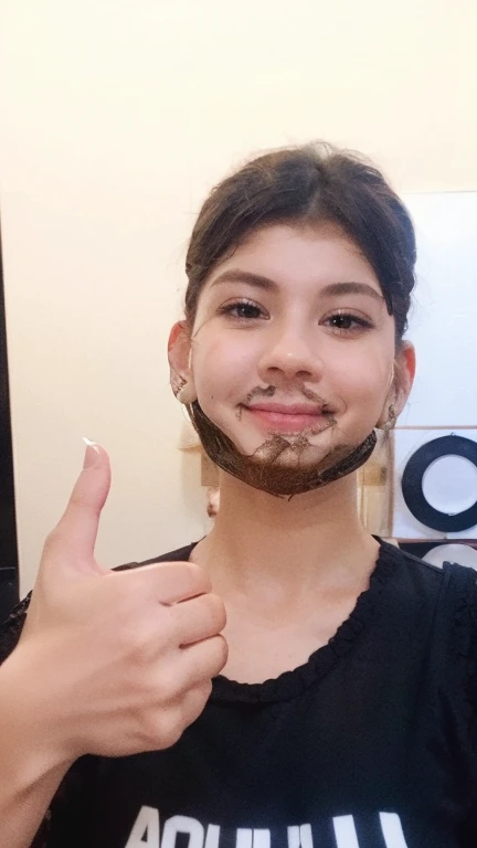 masterpiece, best quality, highres, female, 1girl, wearing indonesian high , selfie, close up, black long hair with front bang, white shirt, light blue tie, 17 yo, green wall, gagged, ball gag, tape gag