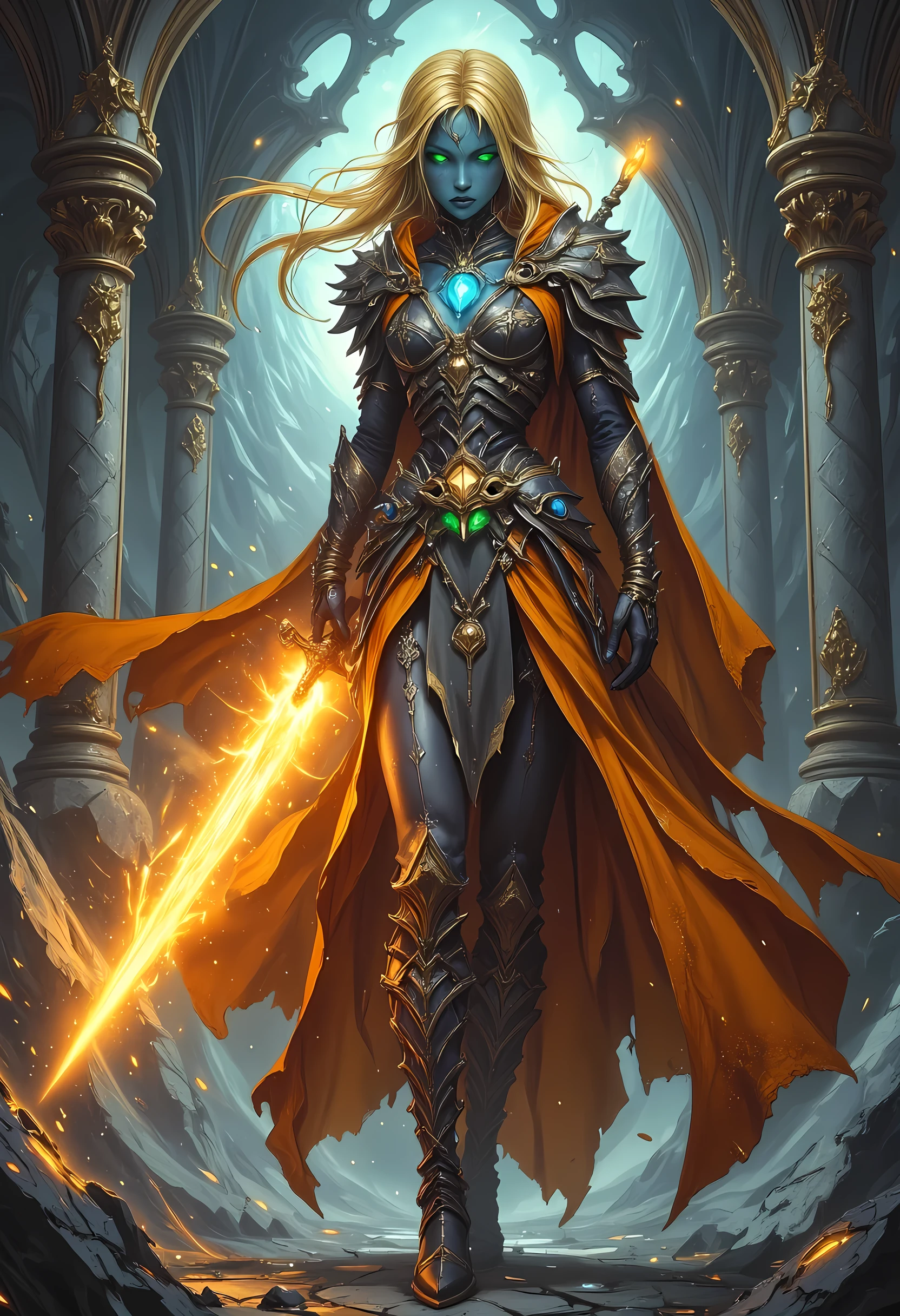 full body picture of olo female ((blue skin: 1.5)), intense details facial details, exquisite beauty, cleric, (dark blue skin: 1.5)) female, ((yellow hair: 1.5)), long hair, (((no ears: 1.5))), (green eyes: 1.3), armed with a fiery sword red fire, wearing (twilight priestly combat vestments: 1.5), wearing high heeled laced boots, wearing an (orange cloak:1.3), wearing glowing holy symbol, fantasy art, dnd art, RPG art, wide shot, (masterpiece: 1.4) intense details, highly detailed, photorealistic, best quality, highres, within fantasy temple background, reflection light, high details, best quality, 16k, [ultra detailed], masterpiece, best quality, (extremely detailed), close up, ultra wide shot, photorealistic, RAW, fantasy art, dnd art, fantasy art, realistic art,((best quality)), ((masterpiece)), (detailed), perfect face, zavy-ctcmcs, ArsMJStyle, dnddarkestfantasy