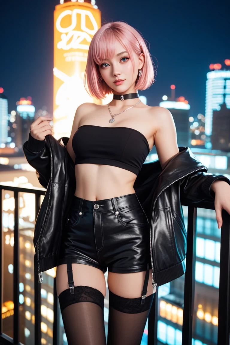 beautiful girl、one person、Metal Band、Leather jacket with spikes、corset、Brown and pink hair、black leather shorts、Black ruffled bra、Spiked leather belt、Lace-up leather boots、choker、live house