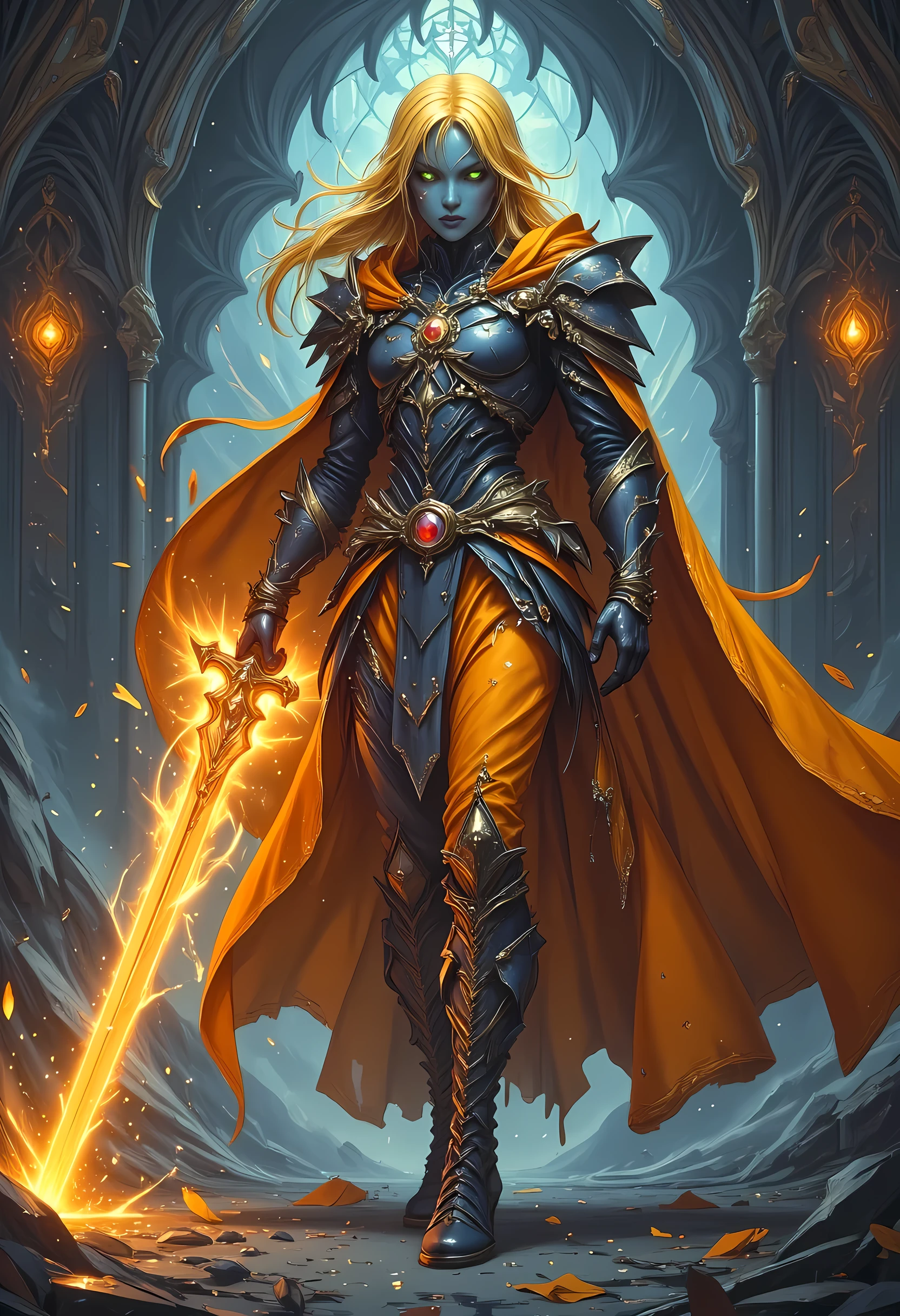 full body picture of olo female ((blue skin: 1.5)), intense details facial details, exquisite beauty, cleric, (dark blue skin: 1.5)) female, ((yellow hair: 1.5)), long hair, (((no ears: 1.5))), (green eyes: 1.3), armed with a fiery sword red fire, wearing (twilight priestly combat vestments: 1.5), wearing high heeled laced boots, wearing an (orange cloak:1.3), wearing glowing holy symbol, fantasy art, dnd art, RPG art, wide shot, (masterpiece: 1.4) intense details, highly detailed, photorealistic, best quality, highres, within fantasy temple background, reflection light, high details, best quality, 16k, [ultra detailed], masterpiece, best quality, (extremely detailed), close up, ultra wide shot, photorealistic, RAW, fantasy art, dnd art, fantasy art, realistic art,((best quality)), ((masterpiece)), (detailed), perfect face, zavy-ctcmcs, ArsMJStyle, dnddarkestfantasy