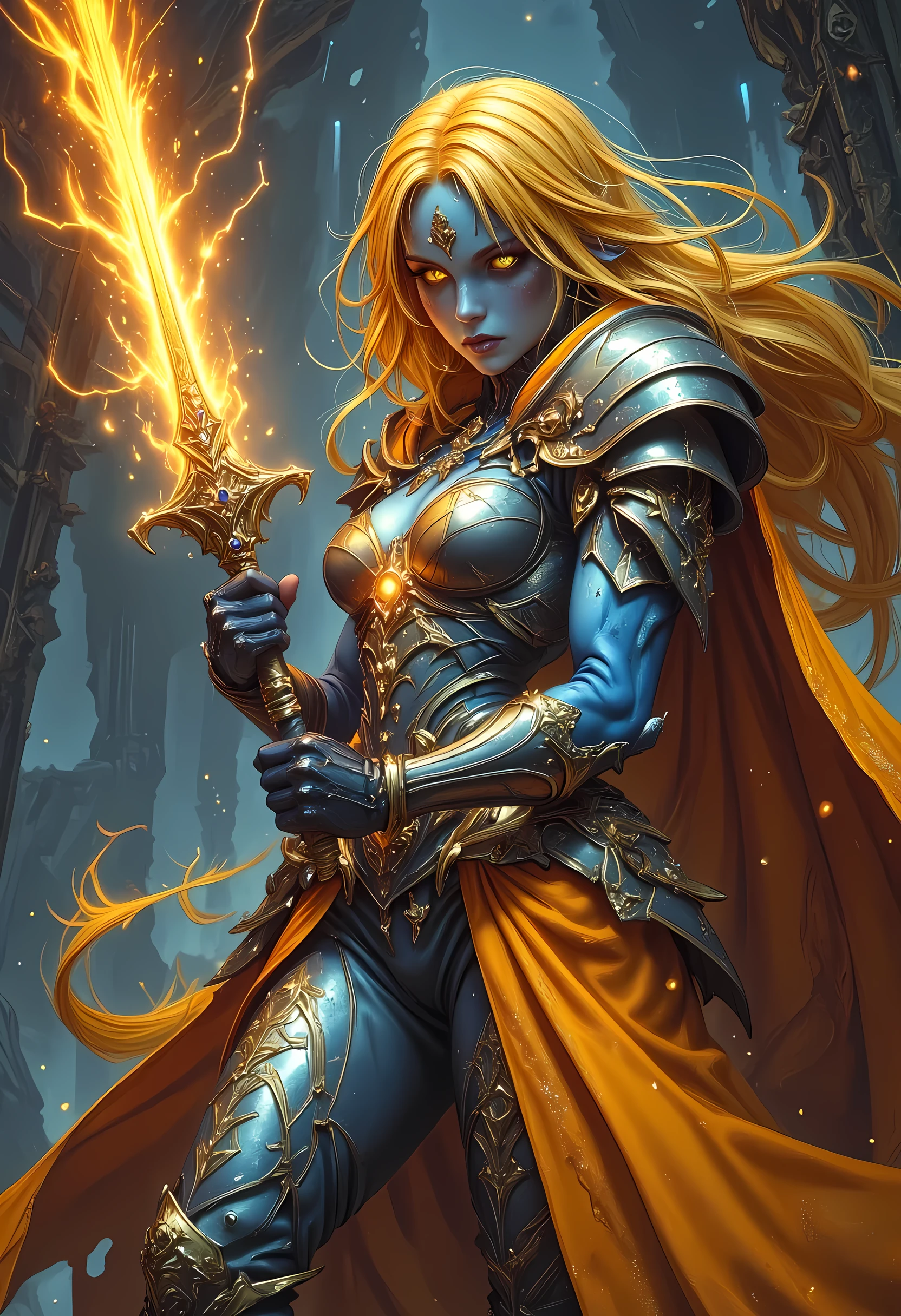 full body picture of olo female ((blue skin: 1.5)), intense details facial details, exquisite beauty, cleric, (dark blue skin: 1.5)) female, ((yellow hair: 1.5)), long hair, (((no ears: 1.5))), (green eyes: 1.3), armed with a fiery sword red fire, wearing (twilight priestly combat vestments: 1.5), wearing high heeled laced boots, wearing an (orange cloak:1.3), wearing glowing holy symbol, fantasy art, dnd art, RPG art, wide shot, (masterpiece: 1.4) intense details, highly detailed, photorealistic, best quality, highres, within fantasy temple background, reflection light, high details, best quality, 16k, [ultra detailed], masterpiece, best quality, (extremely detailed), close up, ultra wide shot, photorealistic, RAW, fantasy art, dnd art, fantasy art, realistic art,((best quality)), ((masterpiece)), (detailed), perfect face, zavy-ctcmcs, ArsMJStyle, dnddarkestfantasy