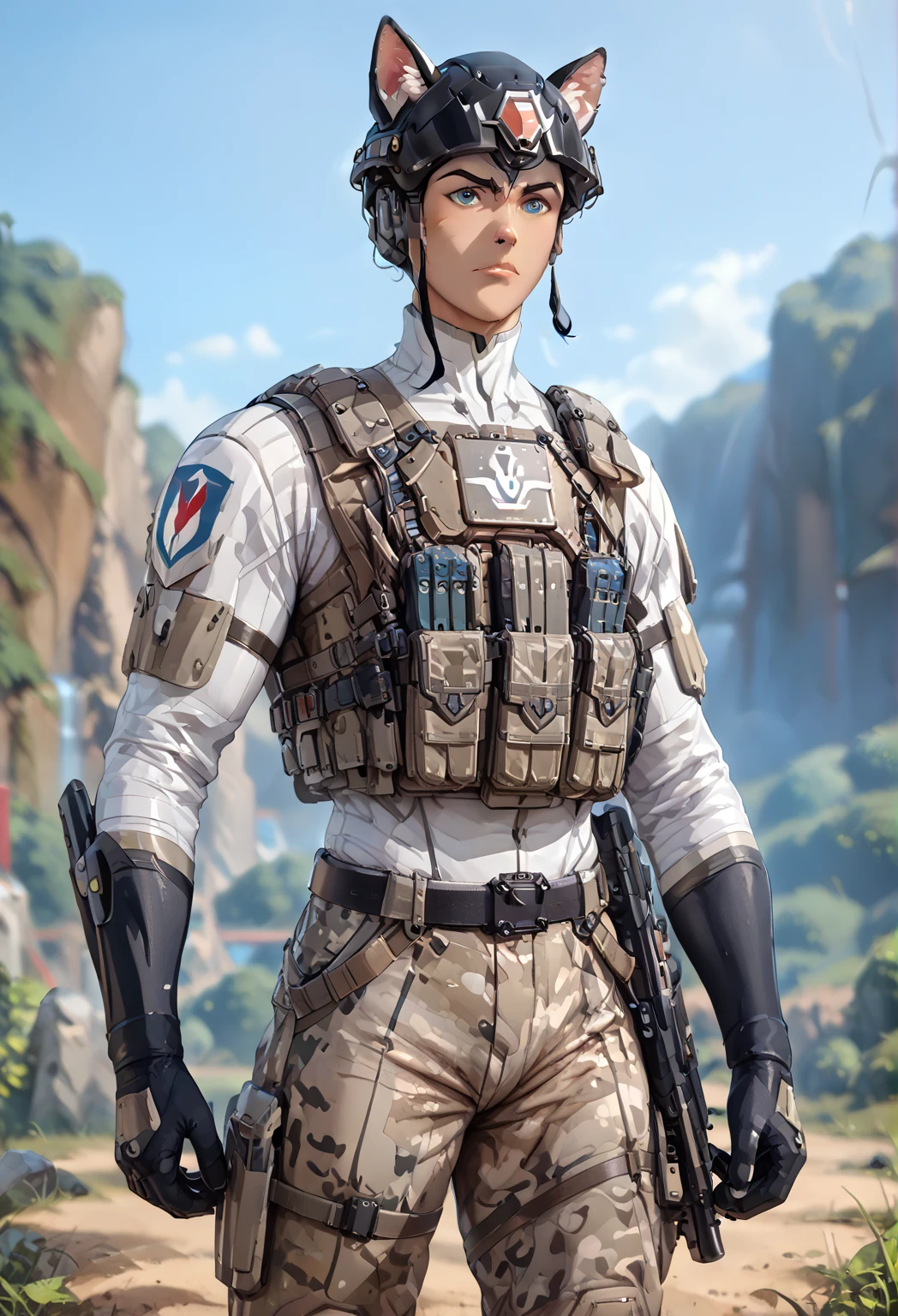 exoskeloton body armor with helmet, white platinum shining, biotic super HD , organic material, Voltron Legendary Defender, holding light machine gun, anime, tactical armor, Tactical military helmet,
S gauntlet, korra tactical vest, animal ears, wolf , full tactical gear