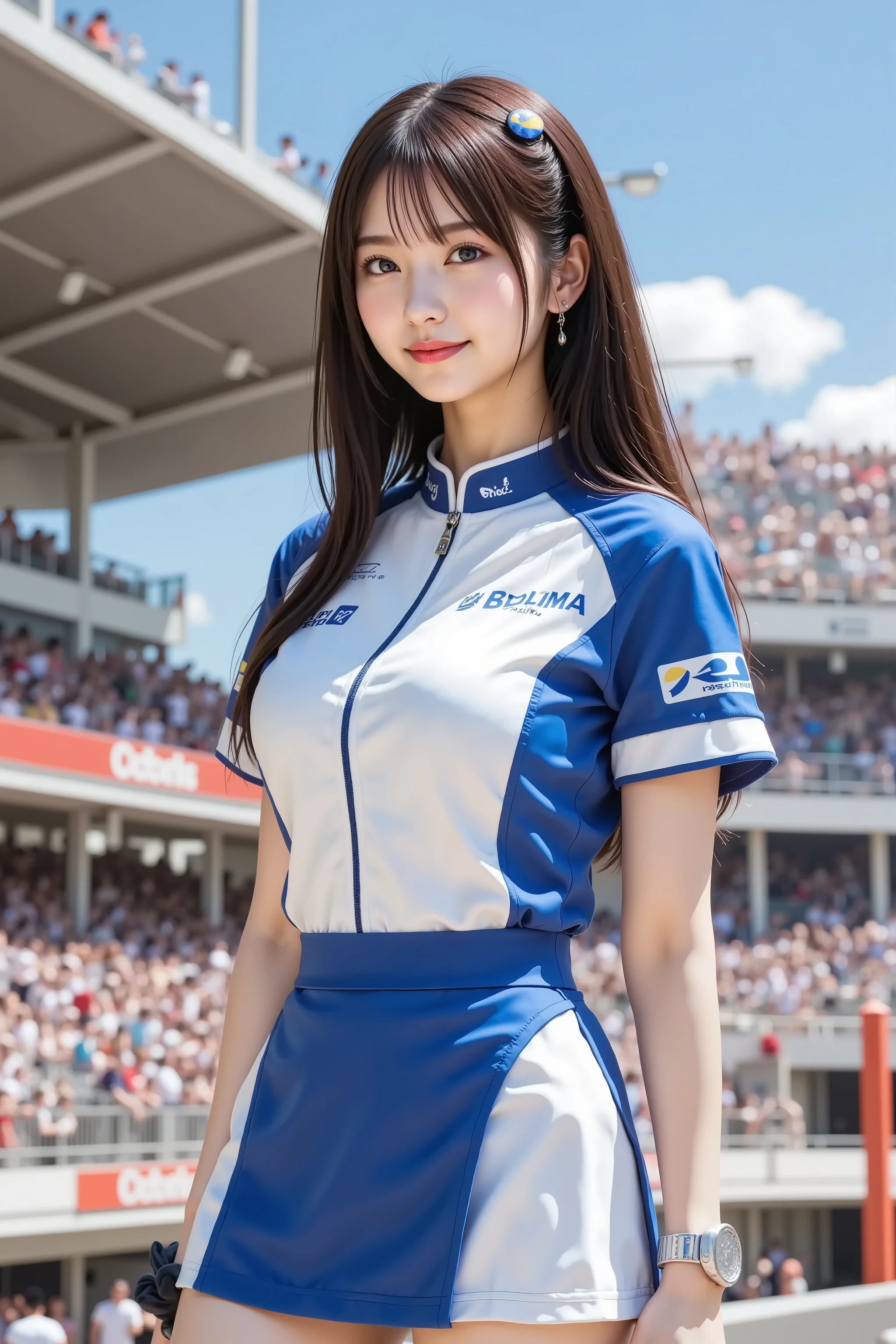misaki, firm breasts, ultra-high-resolution 8K CG illustration of a Japanese anime-style girl portrayed in a portrait composition. She stands confidently at a Formula 1 race venue under clear blue skies, surrounded by a bustling crowd, colorful banners, and the sleek frame of a race car nearby. Her full figure is centered perfectly in the frame, with her head entirely visible and fully contained within the image boundaries, avoiding any cropping. She is framed symmetrically both vertically and horizontally. She has clear, smooth skin and vibrant ocean-blue eyes, her long ash-brown hair flowing freely in the breeze with two matching blue hairpins accenting her look. She wears a fitted race queen uniform in bold white and blue colors, composed of a short-sleeved zip-up jacket with a stand collar, structured seams, and printed sponsor logos along the chest and sleeves. The jacket hugs her figure while still appearing practical and sporty. Her skirt is a short pleated mini with alternating white and blue panels, fluttering slightly in the wind. A pair of black gloves completes her outfit, adding a touch of racing utility. She smiles brightly and naturally, her confident posture conveying enthusiasm and charm. Her legs are bare and smoothly rendered, highlighting her anime-style proportions. The lighting is bright and clean, casting distinct but soft shadows, with subtle reflections on the car’s surface and the edges of her uniform. The racetrack setting in the background features tiered stadium seating filled with spectators, large digital sponsor displays, and sunlit architecture that evokes the high-energy atmosphere of a professional racing event. The overall scene is rendered in high-detail anime CG style, with smooth gradients, vibrant colors, and a realistic yet stylized finish that emphasizes the vivid character design, dynamic setting, and professional racing fashion.