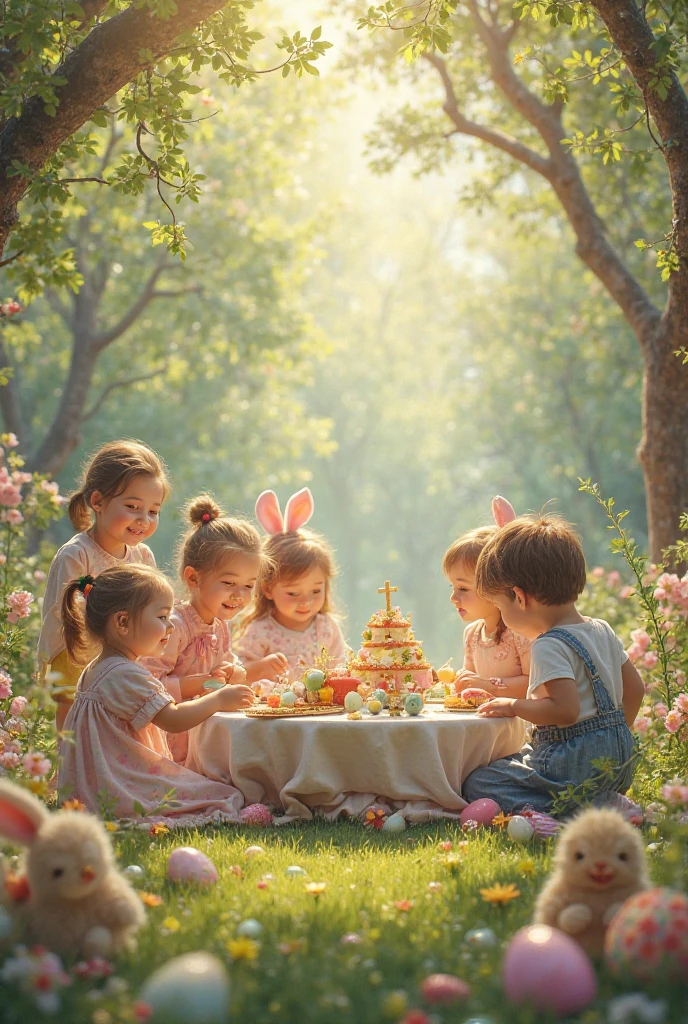 Children at a party with lots of toys and eating sweets , joy fun and sweets, colorful image and lots of balloons and noisy toys on the floor clothes from 500 years ago pacifiers and baby bottles Pigtails in the girls' hair and caps on the boys