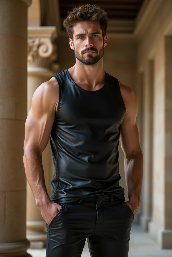 A man in black underwear and a black t-shirt under his vest.
