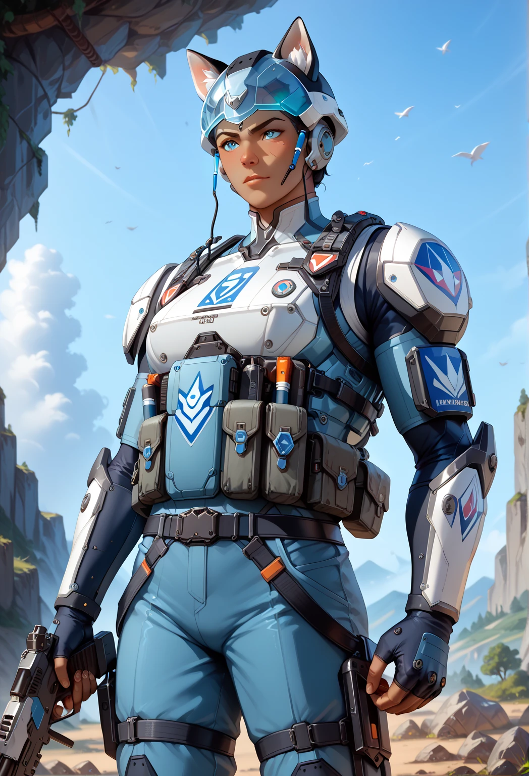 exoskeloton body armor with helmet, white platinum shining, biotic super HD , organic material, Voltron Legendary Defender, holding light machine gun, anime, tactical armor, Tactical military helmet,
S gauntlet, korra tactical vest, animal ears, wolf , full tactical gear