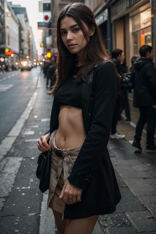 Naked 50 years old woman with black hair and a bright smile walking on a busy street. Masterpiece, best quality, high resolution, very detailed, detailed background, sunset, looking at the viewer, NSFW