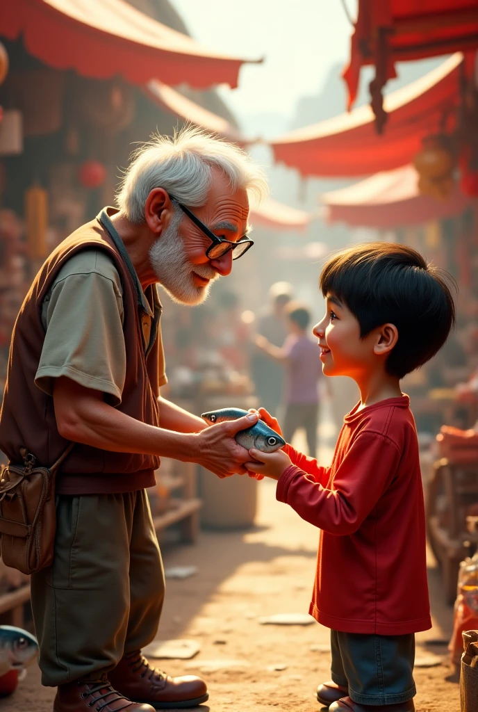 Draw me a picture , chubby boy holding dollars for old man on the side of the road