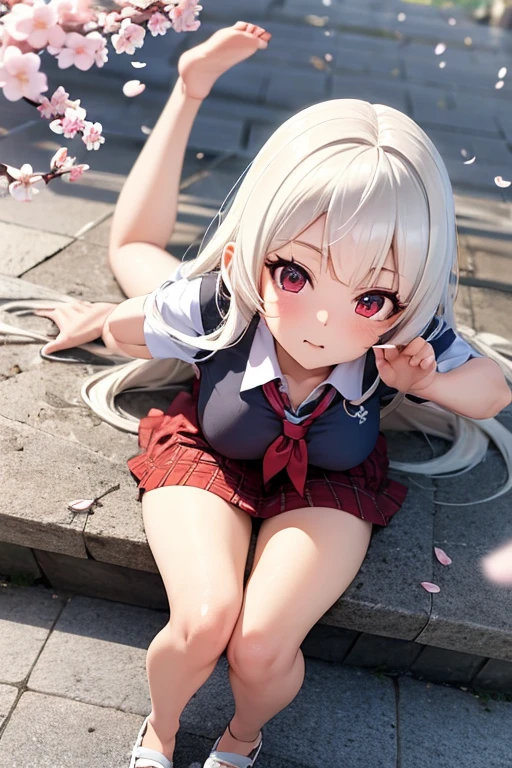 highest quality, masterpiece, High resolution, 8k, 超A high resolution, clarity, Clear drawings, Photoreal:1.4, beautiful face, symmetrical eyes, beautiful girl, Cute like an idol, young, primary school student, small breasts, pink eyes, silver hair, blushing with embarrassment, twin tails, 頭に大きな赤いribbon, Red ta Fashion, red maid outfit, white lace tights, frills, ribbon, red shoes, red choker, whole body, Arms restrained behind the back, fold your arms behind your back, My hands are hidden behind my back and I can't see them., Arms restrained behind the back, hands are hidden, spread your legs, show female genitals, exposed, Angle from below, Pee, urination scene, pee, Peeing, 黄色いPeeが勢いよく出る, Voyeurism,