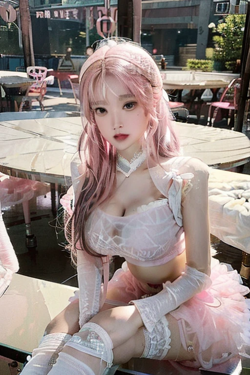 ((nsfw)), sexy stylish Swedish model, only 1 female, ((doll-like appearance)), long neon pink stylish hair, very detailed Victorian-Style boots, beautiful smile, ultra detailed eyes, vivid eye makeup, lipgloss, long lashes, defined eyebrows, (medium naked breasts), ((sexy Paradise Kiss cosplay)), (naked aroused open pussy), bell-shaped skirt, petticoats, high neckline, puffed sleeves, (( ultra detailed lace)), ((ultra detailed embroidery)), intricate details, Paradise Kiss accessoires and matching headpiece, choker, ((large sparkling Paradise Kiss jewelry)), cinematic light, detailed large park background with trees