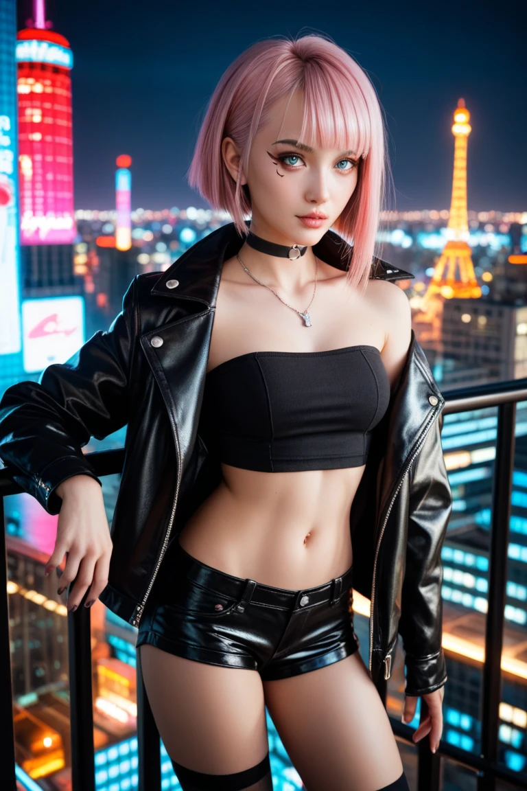 A woman in a pink bikini and black jacket is sitting on the street, cyberpunk art style, cyberpunk 20 years. I'm a model girl, hyper-realistic cyberpunk style, cyberpunk atmosphere, cyberpunk style , surreal, cyberpunk beautiful girl, cyberpunk art ultrarealistic 8k, cyberpunk girl, cyberpunk art, Female Cyberpunk Anime Girl, in cyberpunk style, Cyberpunk Judy Alvarez