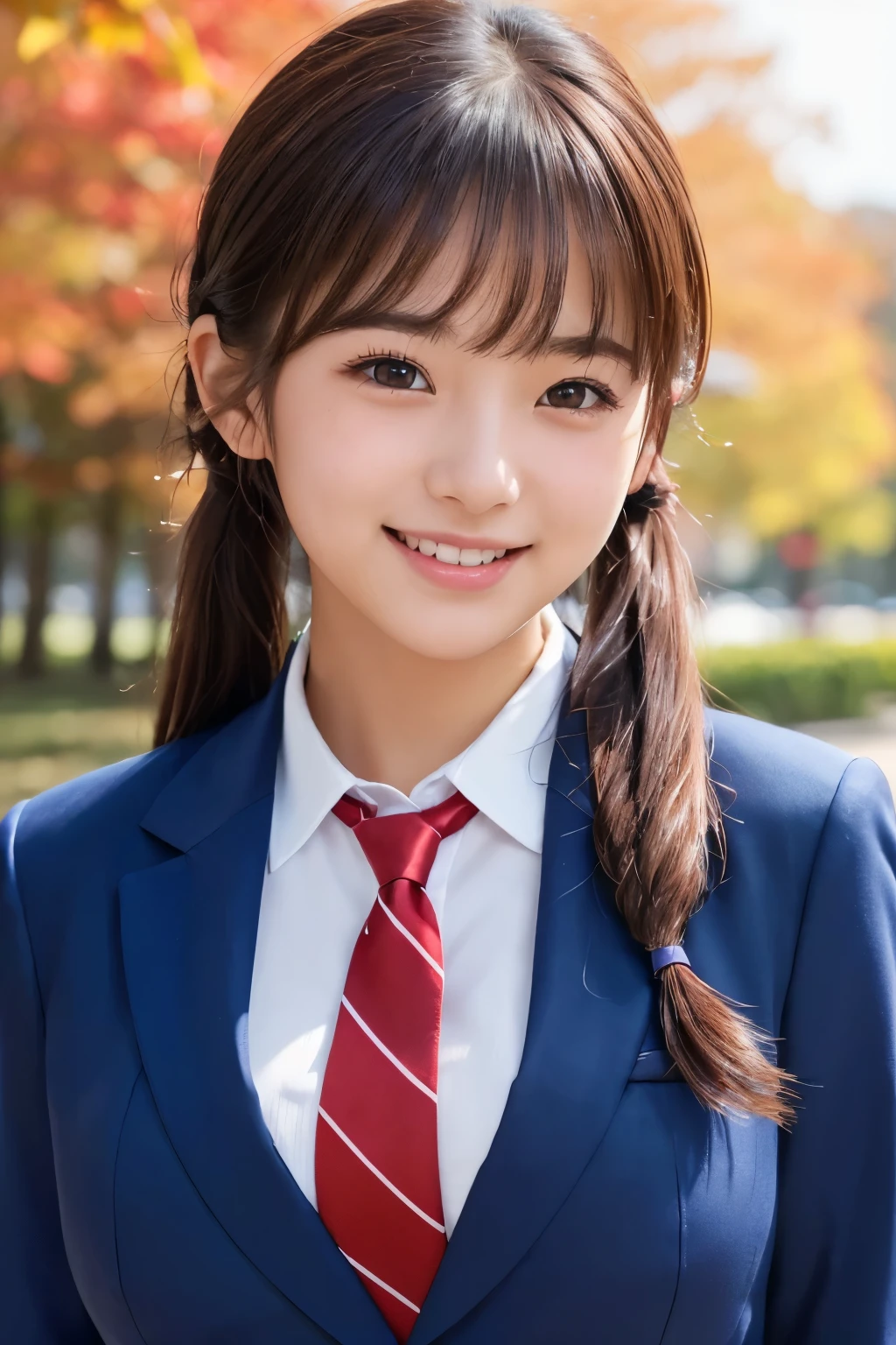 .1) (close up:1Tabletop,highest quality,Super detailed,In detail,High resolution,In 8K,((Photorealistic:1.4,Raw photo,超A high resolution,Best image quality:1.4)),Tabletop、highest quality、 Super detailedな、High resolution、8k wallpaper、Perfect dynamic composition,、Beautiful fine details、(Beautiful breasts:1.1) 、Blue blazer、、White shirt、Red tie、One Girl、Beautiful girl、high school student、Brown hair head、shortcut、Covering the left eye with bangs、Glossy Laugh、Autumn leaves avenue、Twin tails、Red ribbon