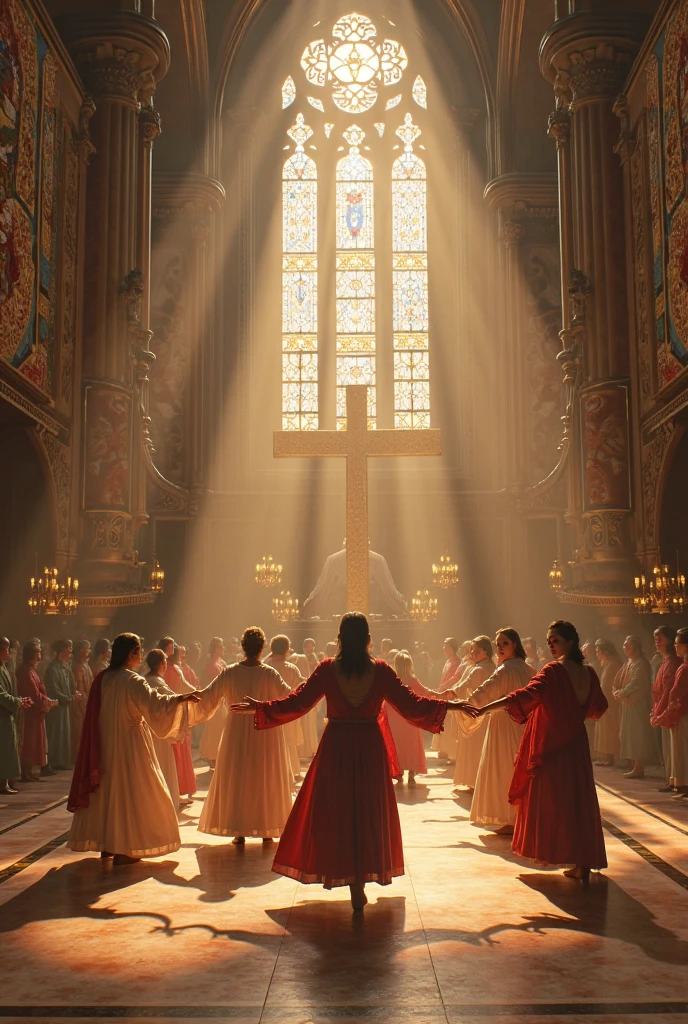 Faithful women in evangelical dresses worshiping the strong and virile image of Zeus during a church service.