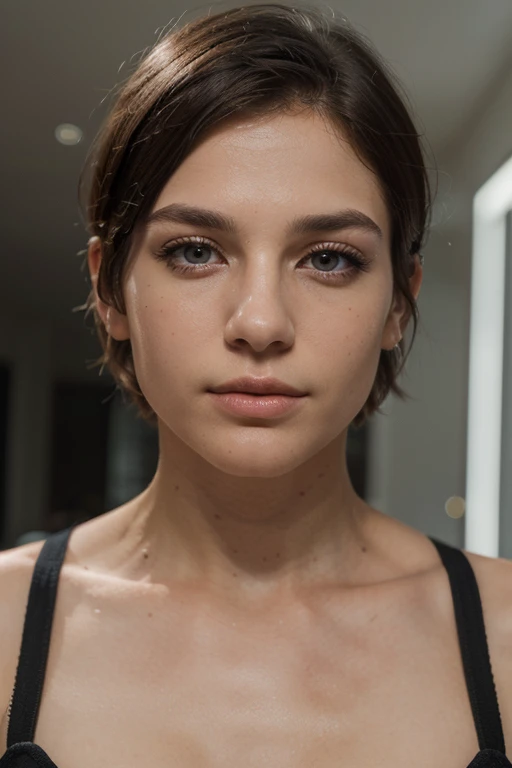 photo of 25 years old brazilian girl, textured skin, (short straight blonde hair), ((yellow eyes)), (piercing on her nose), beautiful face, supermodel face, detailed natural skin , close-up photo shot of her face and breast, (realistic transparent streams of semen on her breast), naked round tits, she is lying face up on a bed, looking up to the camera, camera above her, very realistic photo taken with an iphone, summer light, focus on tits