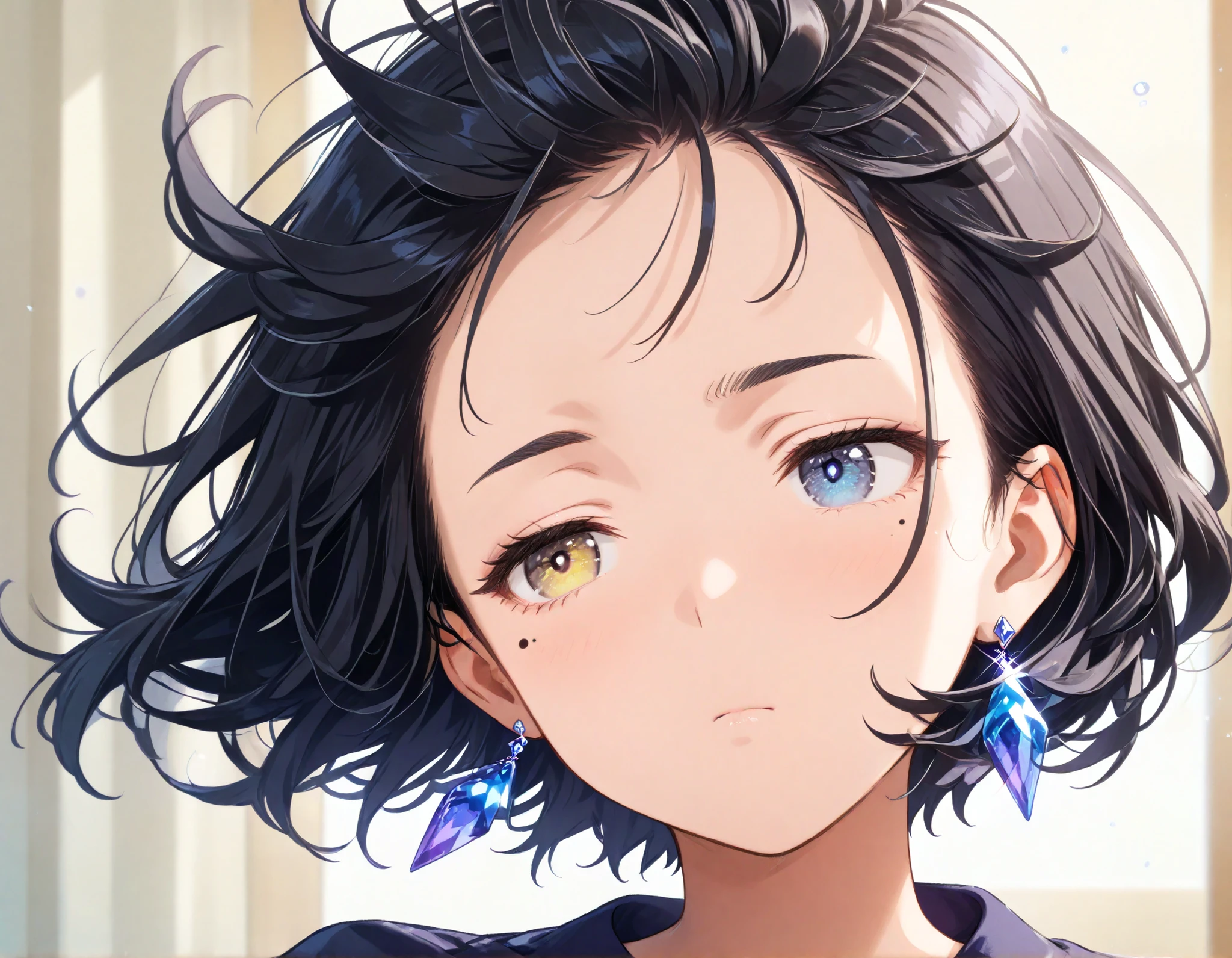 face focus, black hair, short hair, floating hair, mismatched pupils, mole under eye, crystal earrings, bored