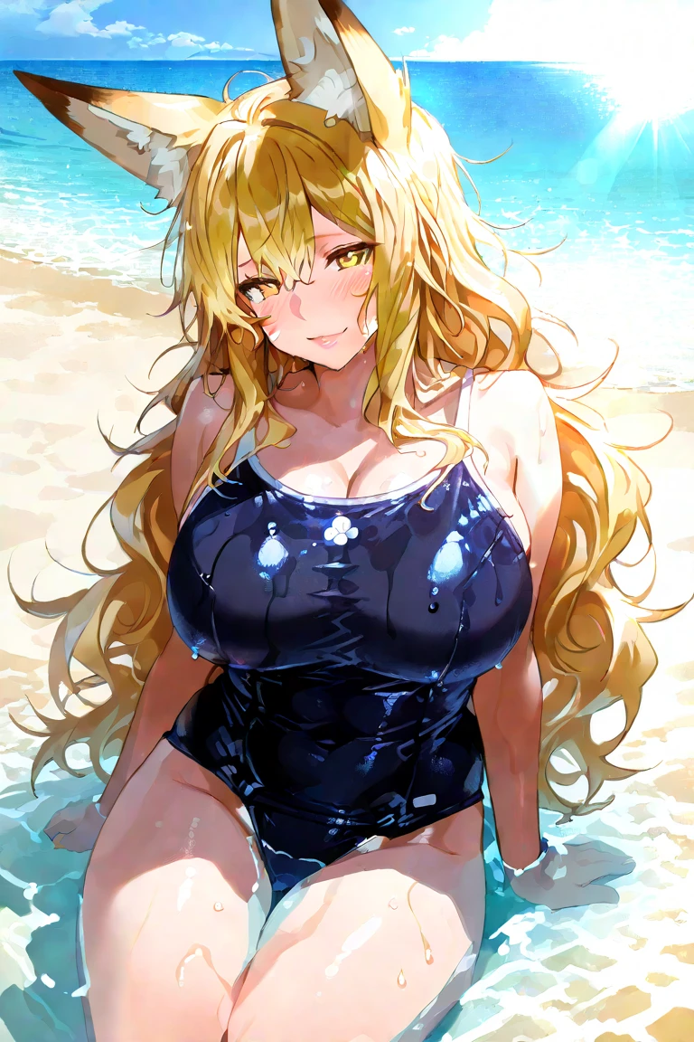 (((masterpiece、Highest image quality、highest quality、highly detailed unity 8kwallpaper)))、((Illustration of one girl))、(((beautiful girl)))、((blonde、two side up、sidelocks:1.6、green eyes))、(((tall:1.4、stocky build:1.9, thickset physique:1.7, muscular legs:1.4, broad shoulders:1.7, solid chest:1.7)))、swimsuit、sandy beach