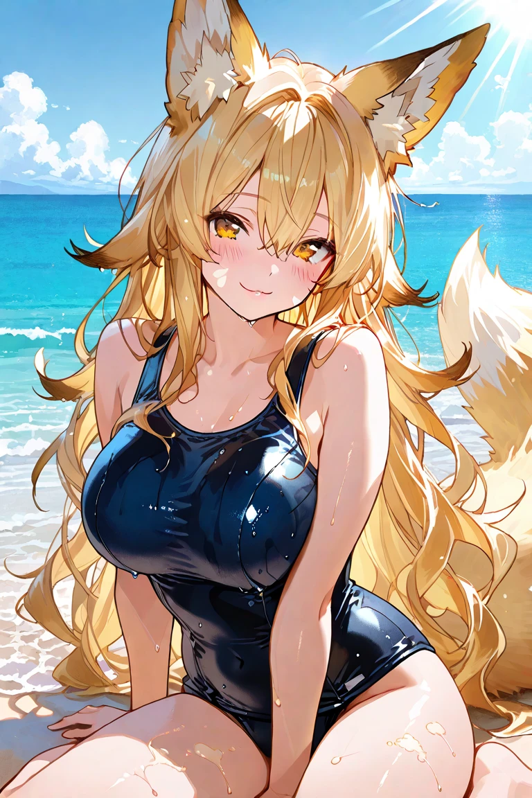 A girl with cat ears and blonde long hair,At midday, strong sunlight blazes down on the desert.
BREAK
At an oasis, a woman is joyfully playing in the water, smiling.
BREAK
She seems to forget the heat, filled with enjoyment.
