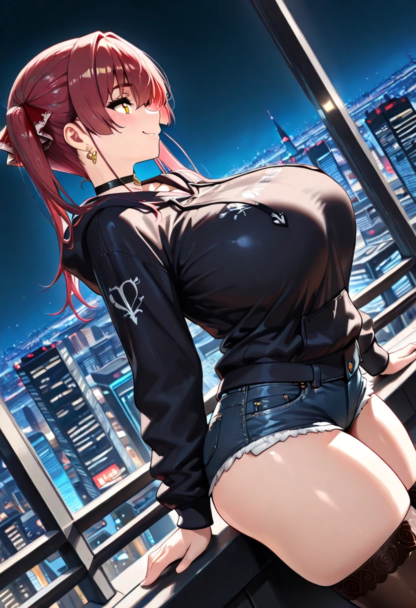 Beautiful girl, smile, cyberpunk, ponytail, bust up, abs, hair ornament, open chest clothes, pants, glossy skin, big breasts, cleavage, poses that show off cleavage, sexy,