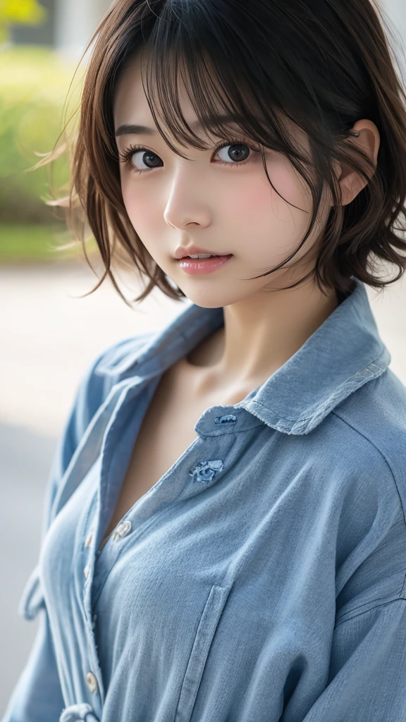 muste piece, best quality, illustration, Super detailed, fine details, High resolution, 8K,wall paper, perfect dynamic composition,(Details High quality, realistic depiction of eyes:1.3), (Fashionable, Denim Jacket, Oversized T-shirt, a denim miniskirt), large breasts, short bob hair, black hair color, Big Natural Color Lip, crying a little、cold gaze, Harajuku style、20 year old girl、cute type、lolita、beautiful legs, night club, at midnight, Gravure Idol