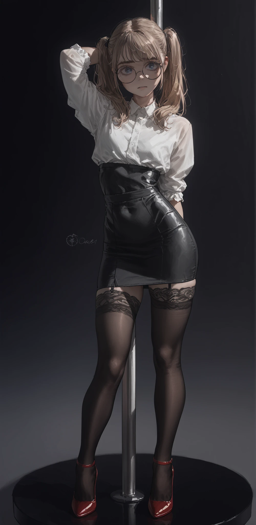 Simple pencil drawing style by hand. ((( Black and white ))) . round glasses, young woman with light brown hair, two pigtails and bangs on the face, 20 years, skinny, not tall , blue eyes, . Wide hips . naked. sexy. Tattooed right arm and shoulder., sexy lace stockings. shy, Cute. Lace Sexy panties, sexy lace garter belt, tight skirt. Red High heels. Pole dancing
