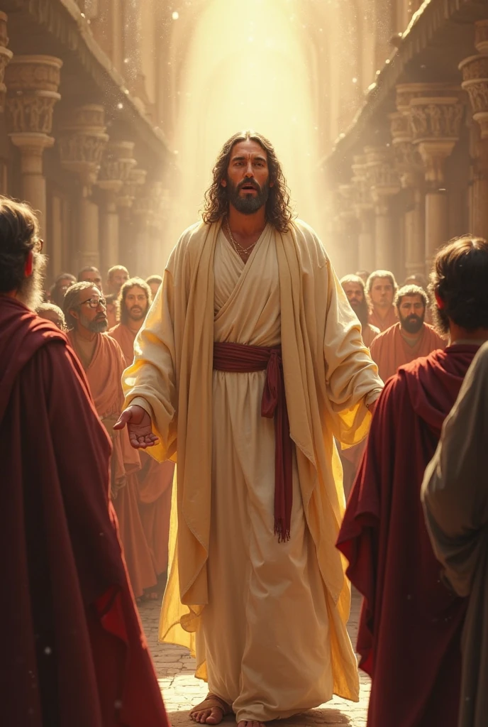 Prophet Yunus stood before his angry people, but surrounded by the light of God's protection, showing calm in the midst of a threatening crowd.